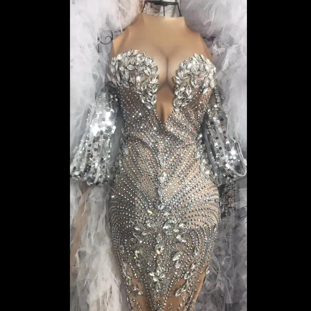 Роскошное серебристое платье-Русалка с блестками и кристаллами для свадебной