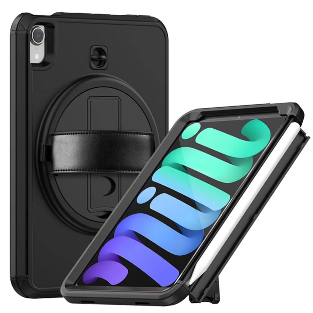 

For Apple iPad mini 8.3 inch 6 (2021) Shockproof Cover Hard PC Kickstand Case Built-in Pencil Slot Hand Strap Screen Protector