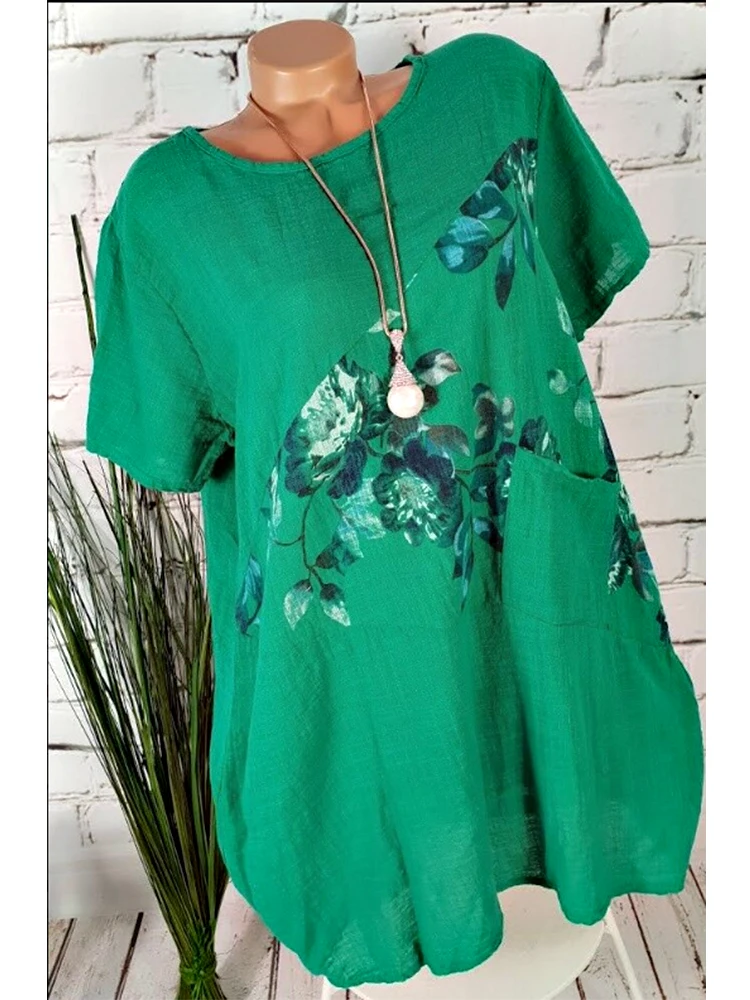 

2021 summer women's fashion cool printed beach linen shirt 6 color 8 size personalized pocket printed dress short style
