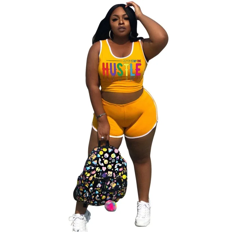 

Casual Shorts Two Piece Set Women O Neck Tank Crop Tops And Pant Suits 2021 Summer New Letter Print Homewear Short Tracksuit Set