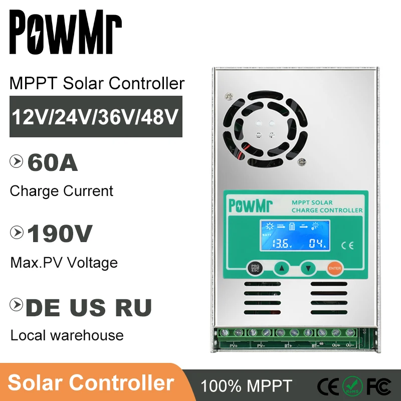 Best MPPT 60A Solar Charge and Discharge Controller 12V 24V 36V 48V for Max 190V PV Input LCD Lead Acid Lithium Battery Charger