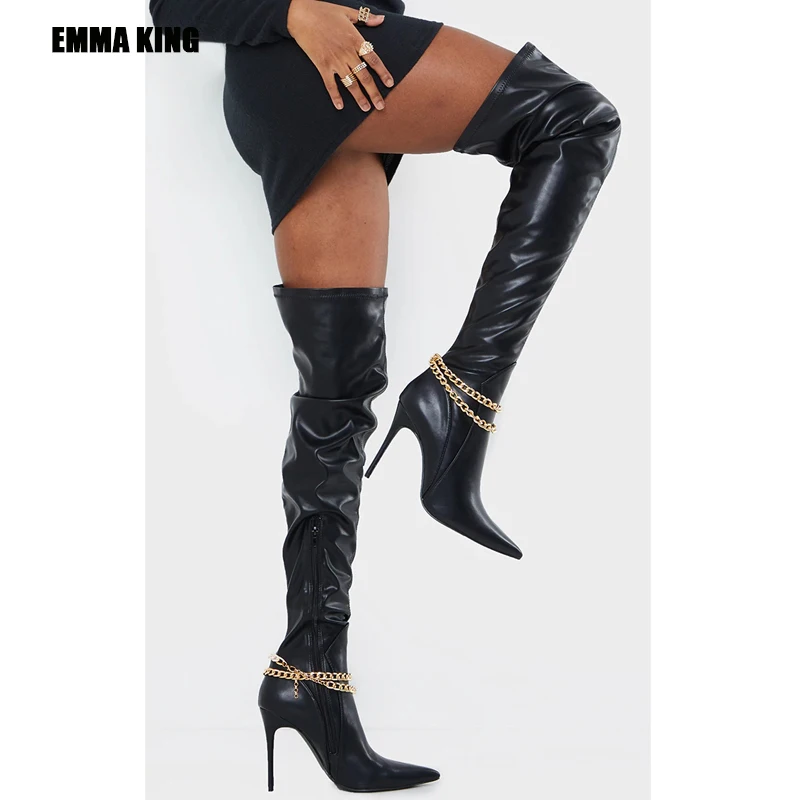 

Женские сапоги выше колена, декорированные золотыми цепочками, на высоком каблуке, с острым носком, высокие сапоги, размеры 34-44, для весны, 2021