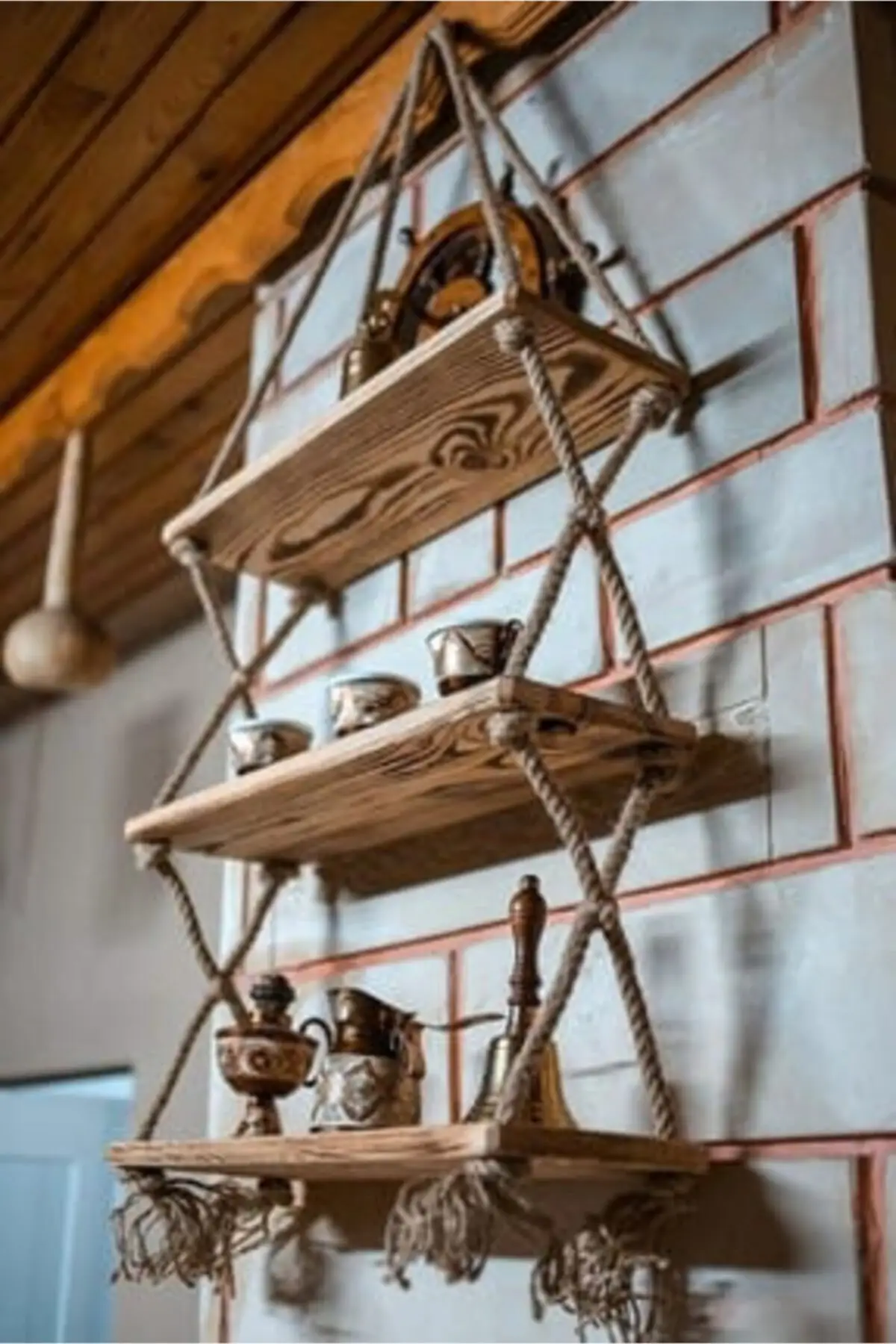 Wooden Decorative Design Custom Operation 3'lü Roped Shelf Bookcase|Настенные кухонные стеллажи| |
