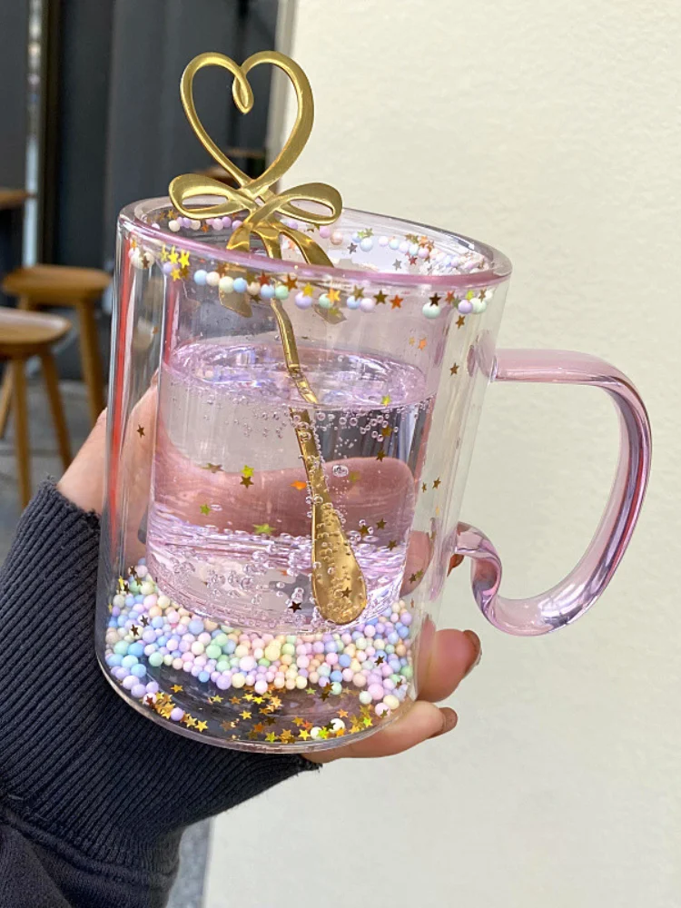 

250ml INS Girl Bubble Star Sky Glass Cup Star Sequin Double Wall Glass Coffee Cup Handle Heat Resistant Milk Cup Drinking Glass