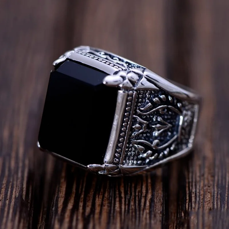 

925 Silver Black Zircon Ring For Men Female Engraved Flower Men Fashion Sterling Thai Silver Jewelry Onyx