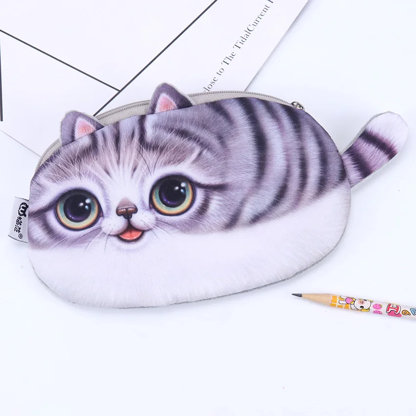 1 шт. Kawaii кошки молнии карандаши монета карманные сумки милые 3D Плюшевые карандаши чехол большой емкости канцелярские принадлежности для школьников, студентов подарок - Цвет: Gray cat
