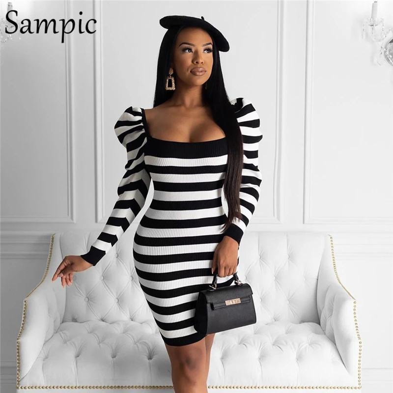 Sampic сексуальное женское Полосатое Пышное трикотажное платье свитер с длинным