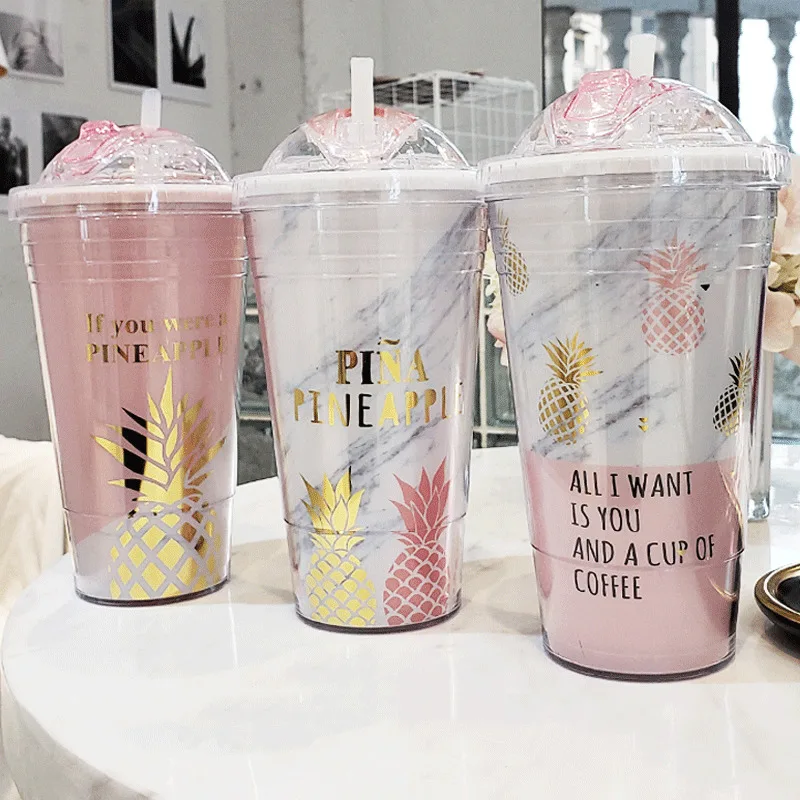 

Pink Pineapple Coffee Mugs BPA Free Plastic Water Bottle Travel Mug Portable Tea Milk Juice Cup With Straw Drinkware 420ML 1pc