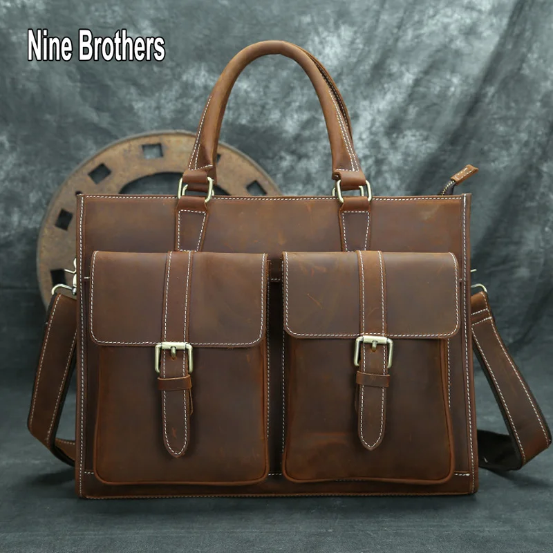 

Handmade Genuine Leather Men's Laptop Bag 15" Real Cowhide Male A4 Magazine Document Bag England 2021 Tote Handbag Nine Brothers