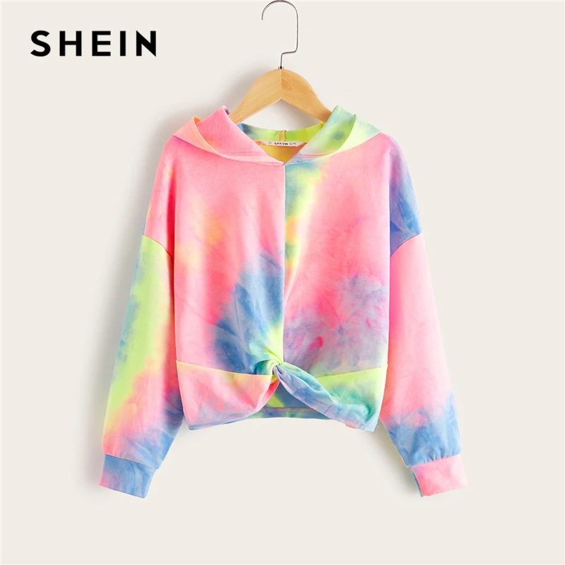 SHEIN/Детская разноцветная толстовка с капюшоном для девочек; коллекция года; сезон осень; повседневные толстовки с длинными рукавами, украшенные галстуком-бабочкой и цветными блоками