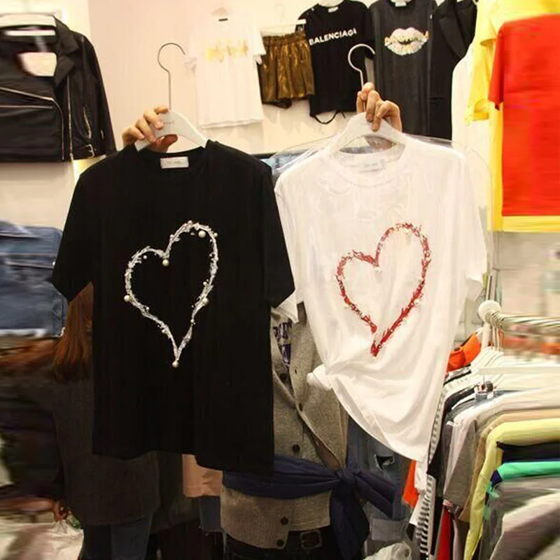 Футболка женская с бисером и принтом свободная Однотонная футболка в Корейском