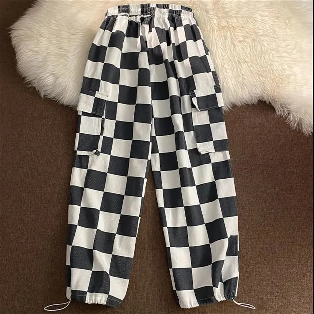

Fashion Plaid Pants Women Summer Staight Trousers Female Korean Style High Waist Gothic Spring Harajuku Punk Pants Males