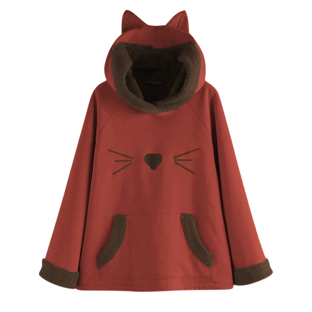 Флисовая толстовка с капюшоном и кошачьими ушками размера плюс женские плюшевые