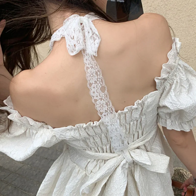 

Women Jacquard Dress 2021 Summer New French Sweet Lace Spaghetti Strap Bandage A-line Robe Female Gentle Sexy Backless Vestidos