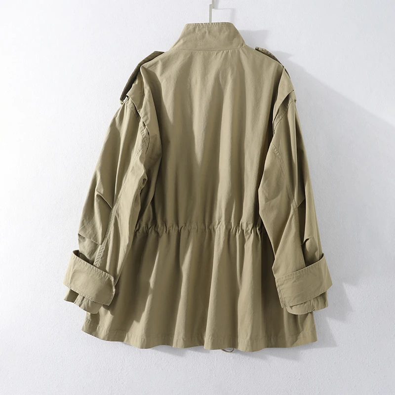 

Women Coat Fashion Casual Tooling Loose Zipper Placket Long Sleeve Stand Collar Windbreaker Cardigan Built In Belt