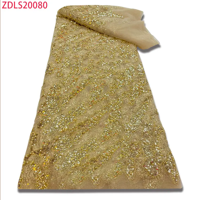 

Beige French Mesh Tulle Fabric With Beads And Sequins Mesh For Wedding ZDL080