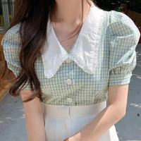 zogaa vintage retro plaid single breasted shirt female tops puff sleeve summer women blouses femme blusas korean chic fashion