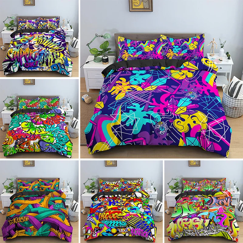 

Colorful Graffiti Retro Painting Bedding Set 2/3 Pieces Young Fashion Comforter Duvet Cover Sets With Pillowcase Bedclothes