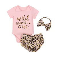 three piece baby girls clothes fashion letter short sleeve romper and leopard short pants with headband 0 18m