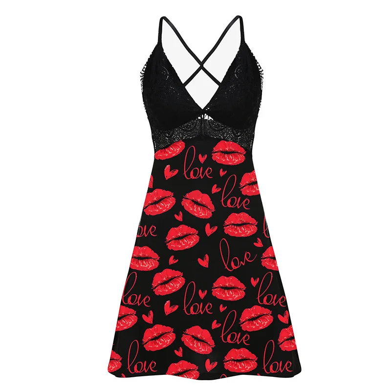 

Sexy Robe Lace Night Dress Women Nightwear Sleep Wear Printed Fashion Female V neck Sleepdress Lingerie Sleep Dress Wholesale