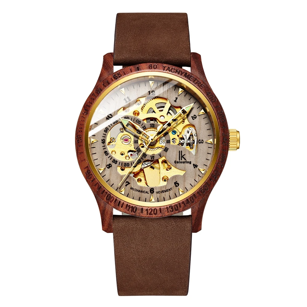 

Luxury IK Coloring Wristwatches Men's Skeleton Wooden Auto Mechanical Leather Strap Watch Gift Box