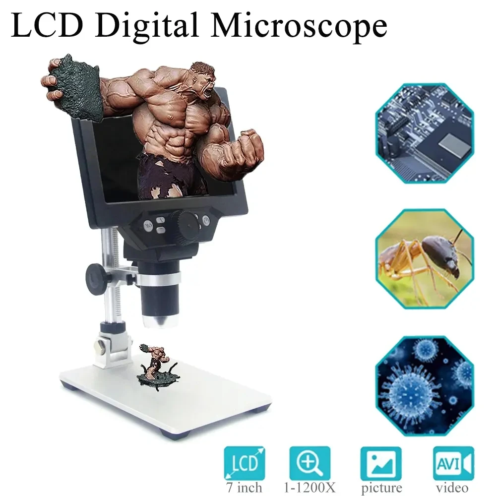 

G1200 Digital Microscope 12MP 7 Inch Large Color Screen Large Base LCD Display 1-1200X Continuous Amplification Magnifier stand