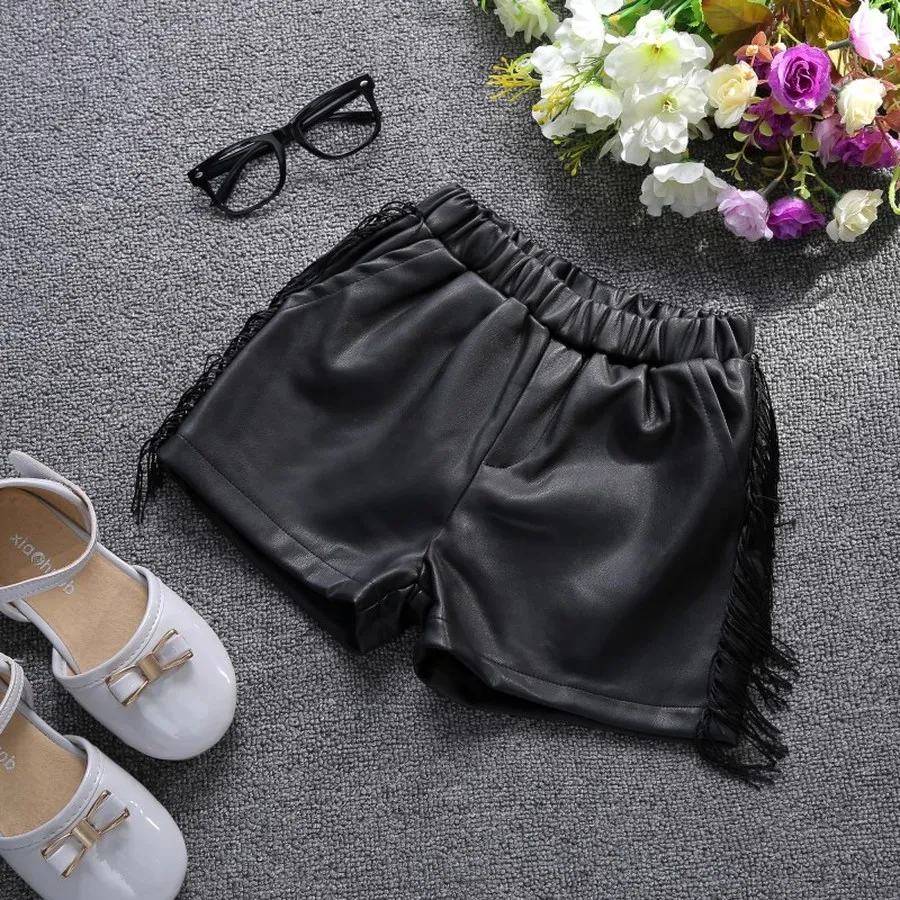 Шорты из искусственной кожи с кисточками для девочек повседневные зимние