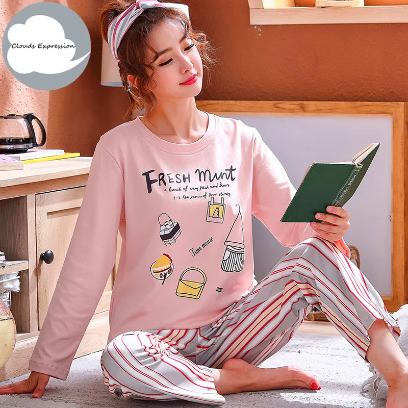 women pajama set Зимняя Пижама для отдыха и сна, топ с длинными рукавами+ длинные штаны, Женский пижамный комплект, мультяшная Пижама, Хлопковая пижама для женщин, Размеры M, L, XL, XXL, XXXL - Цвет: women pajama set