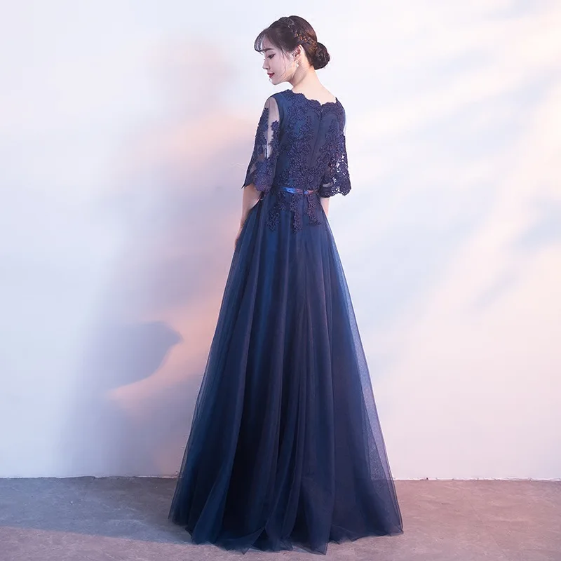 

Black Lace Appliques Trim Mesh Pleated Dresses Female Elegant O-Neck Banquet Gown Flare Sleeve Long Formal Party Dress