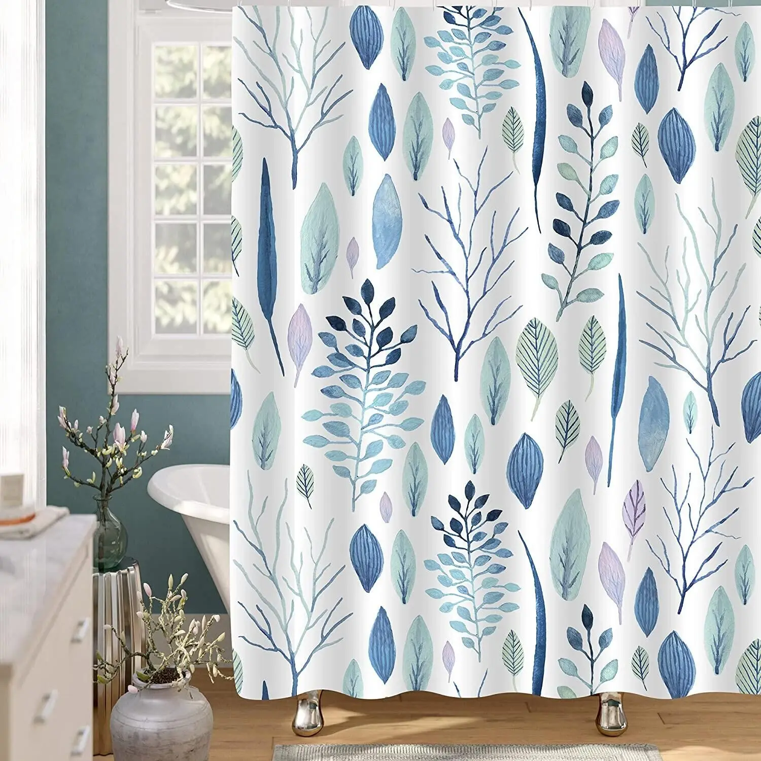 

Blue Floral Shower Curtains Set Abstract Botanical Tropical Plant Nordic Art Light Blue Leaves Bath Curtain for Bathroom Decor
