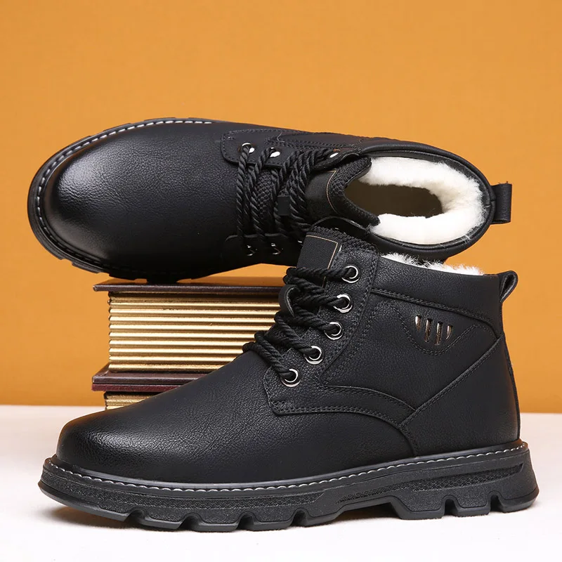 

Мужские кожаные ботинки Martin, зимняя обувь с высоким берцем на флисе, черные классические модные повседневные зимние ботинки, сохраняющие те...