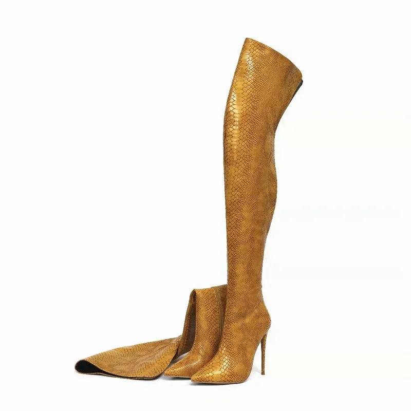 Women Over The Knee High Boots Female Slip On Pointed Toe Long Winter Boots Snakeskin Print Sexy Long Boots