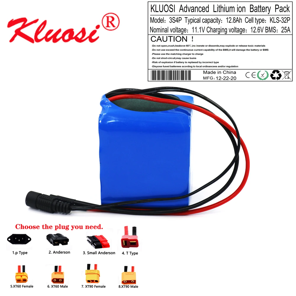 

KLUOSI 12V 12.8Ah 12Ah 3S4P High Capacity 12.6V Li-ion Battery Pack with 25A BMS for LED Lamp Light Backup Power Electrical Tool
