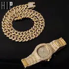 Мужская цепь из кубинской панцирной цепи Майами, украшение 13 мм, ожерелье + часы + браслет в стиле хип-хоп, покрытое фианитами, покрытое золотом, ювелирные украшения