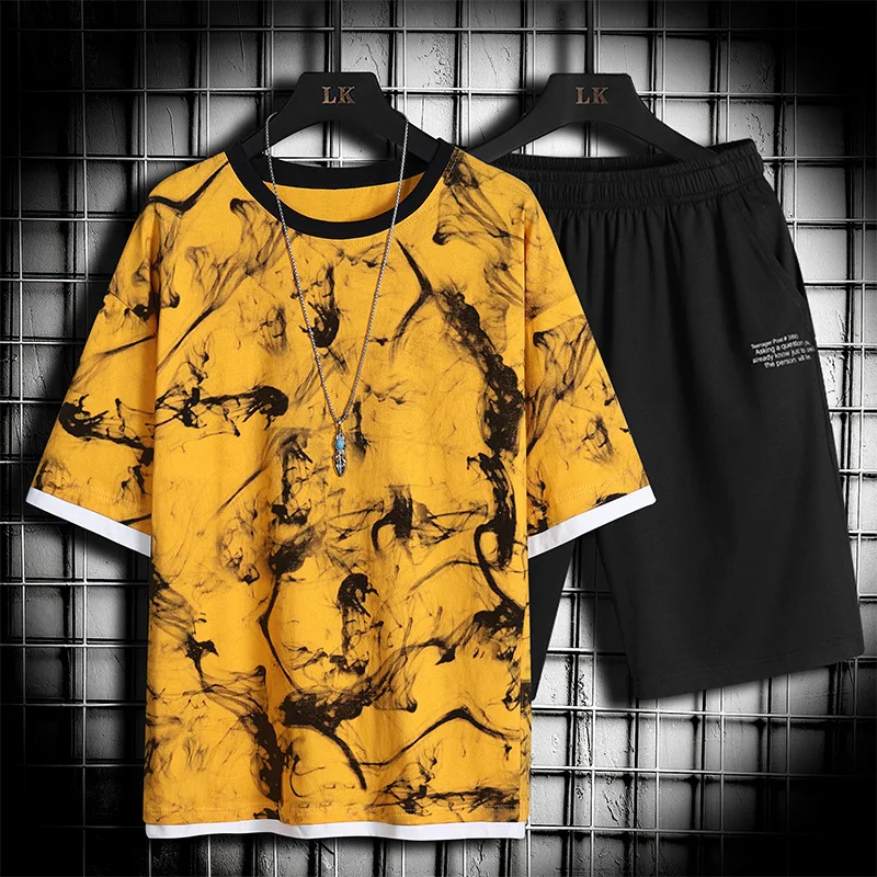 

2 PCS 2021 Summer Men Casual Set Fashion Sportswear Suit Short Sleeve T-shirt Shorts Sets Male Sportswear Tracksuit Men S-4XL