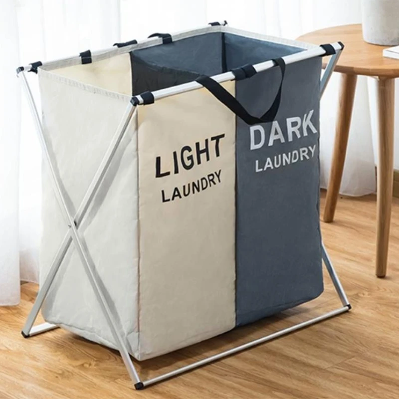 

Laundry Basket Two Grids Dirty Clothes Storage Basket Organizer Basket Collapsible Waterproof Folding Large Laundry Hamper-Grey+
