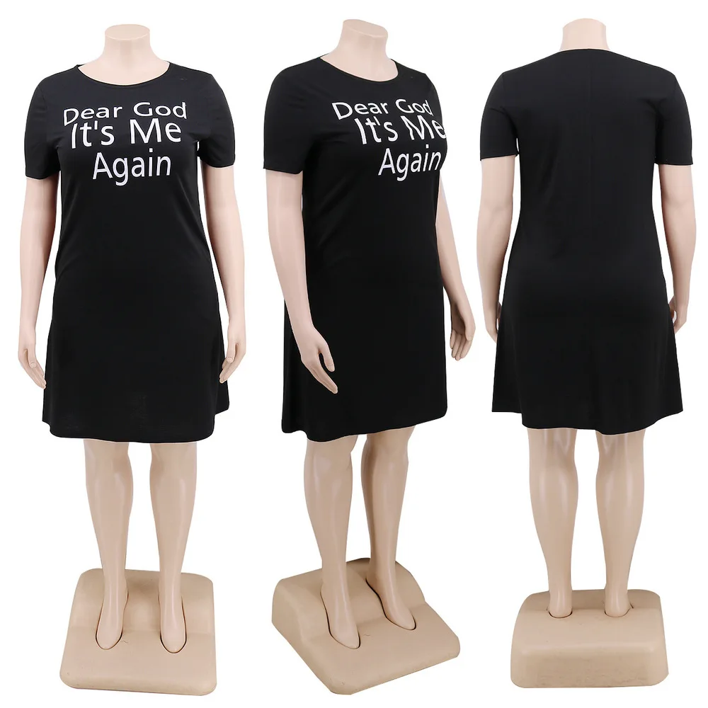 

Women Bohemian Dress XL-5XL Plus Size Letter Print Black Scoop Neck Short Sleeve A-line Dresses Summer Pockets Knee Length Dress