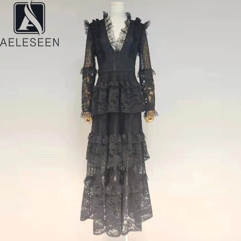

AELESEEN Designer Fashion Lace Dress Women Spring Autumn V-Neck Flower Embroidery Cascading Ruffles Black White Maxi Party