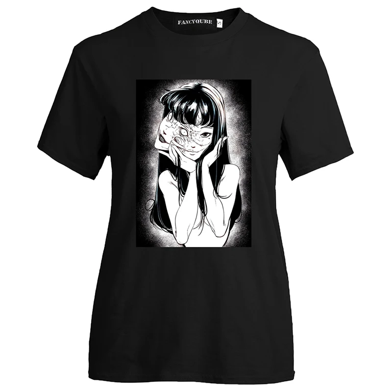 W20924BK Аниме Tomie Junji Ito тройник женский ужас манга короткий рукав o-образным вырезом Топы аниме Гуро Япония Jap o-образным вырезом Футболка Homme - Цвет: W20924BK