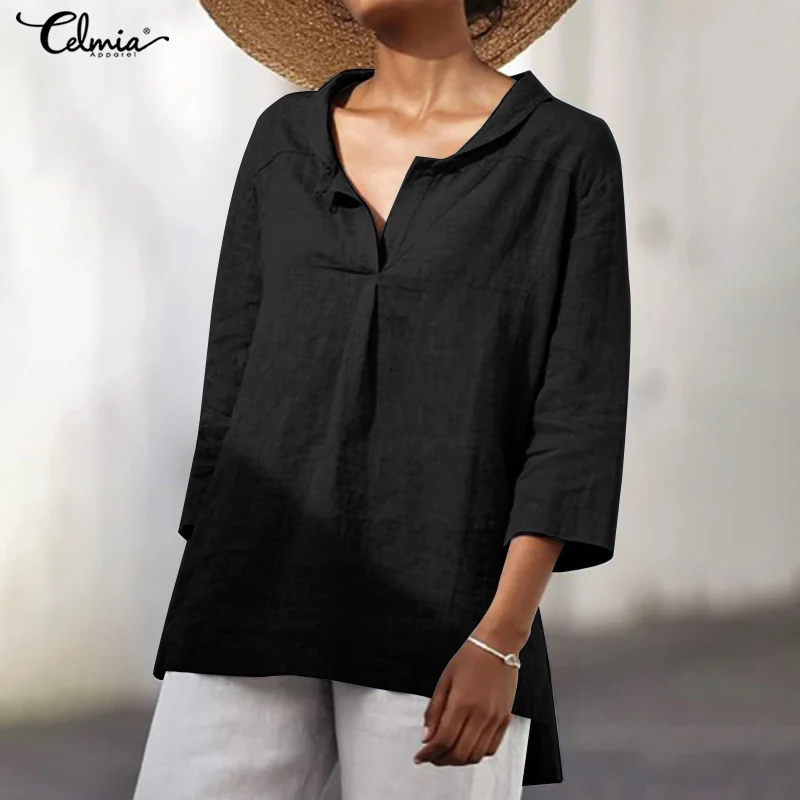 

2022 Celmia Women Cotton Blouses Casual Leisure Asymmetrical Hem Basic Shirt Summer Vintage Lepel 3/4 Sleeve Lightweight Chemise