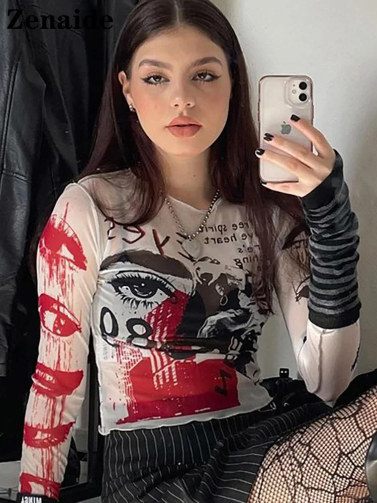

Zenaide 2022 Spring Print Long Sleeve Crop Top Y2K Harajuku Tees Vintage Aesthetic Fashion Mesh See Through Sexy T Shirt Women