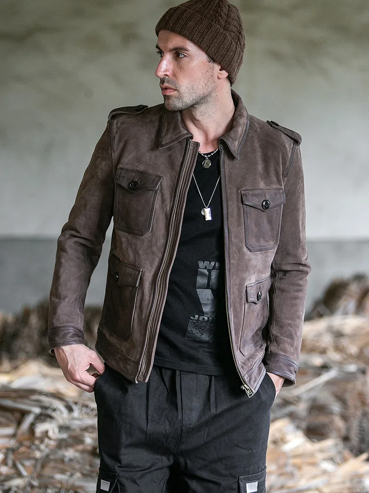 

New Mens First Layer Cowhide Vintage Leather Jacket Multi-Pocket Motorcycle Male Cow Leather Clothing Coat