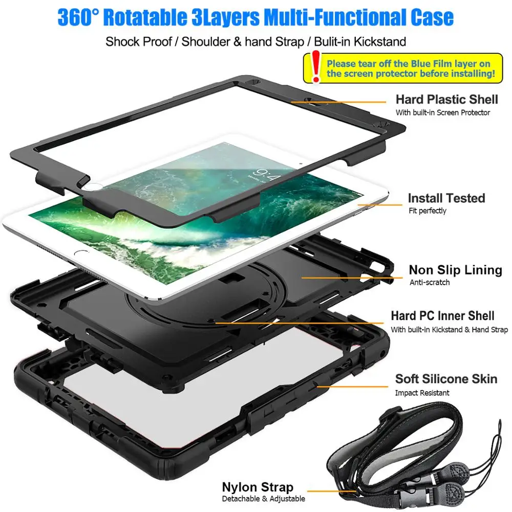 

Rugged Case for ipad air 2 6th 5th gen pro 9.7 inch Hand Strap cases with Kickstand Stand and Shoulder Strap