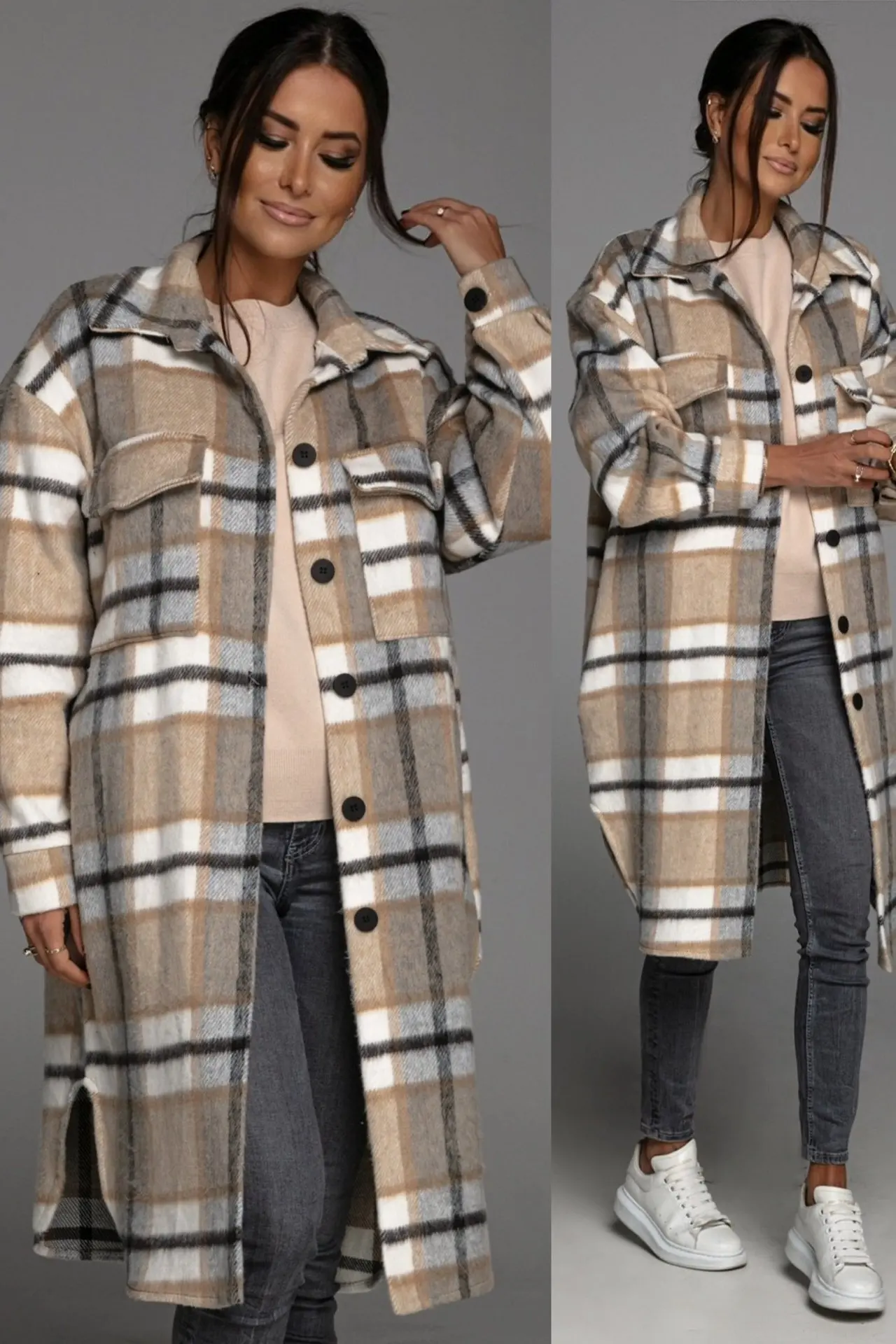 

2021 autumn winter casual warm long sleeve button Lapel Plaid long wool coat