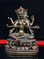 12tibet buddhism old bronze cinnabar lacquer three sided and eight armed statue guanyin tara bull head three sides enshrine