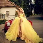 Платье женское Пышное для выпускного вечера, милое желтое Формальное длинное фатиновое бальное платье с высоким разрезом, 2021