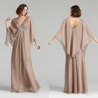 champagne long mother of the bride dresses 2021 v neck silk crystal with cape cheap wedding guests formal evening mothers gowns