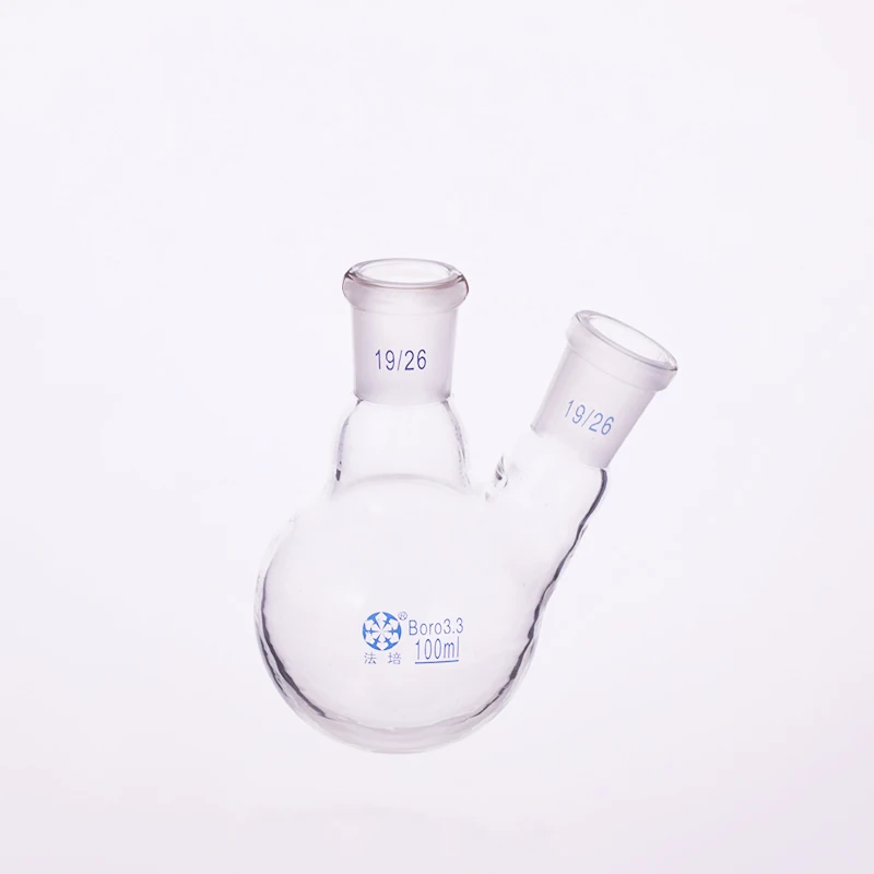 Two-necked flask oblique shape,with two necks standard grinding mouth,Capacity 100ml,Middle joint 19/26 and lateral joint 19/26