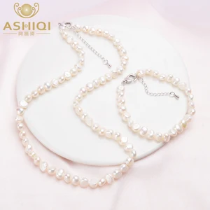 Женский винтажный жемчужный комплект ASHIQI, ожерелье и браслет из натурального жемчуга барокко, 7-8 мм