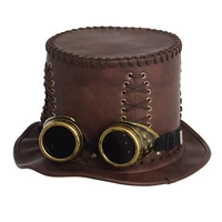 unisex vintage steampunk fedora victorian brown pu top hat with goggles halloween cosplay hats